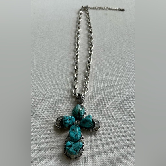 Turquoise Stone Cross Pendant Necklace – Western Boho Style - Picture 2 of 5